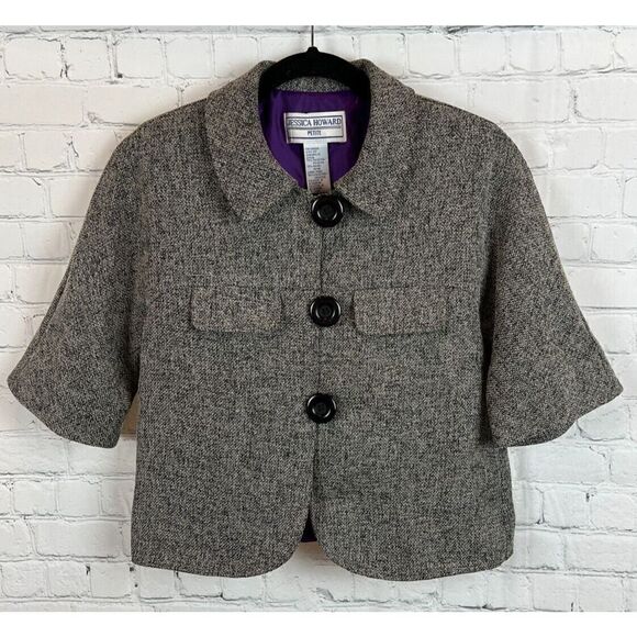 JESSICA HOWARD gray 1/2 sleeve button collared jacket blazer size 4 Petite - Picture 1 of 8